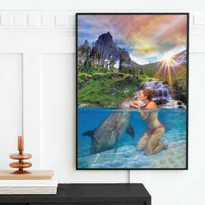 16x20 Kissing Dolphin Sunset Waterfall Majestic Watercolor Oil Painting Poster‎